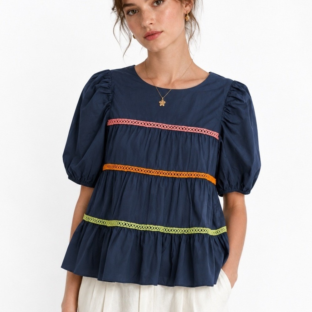 English Factory Multi Color Trim Puff Sleeve Ruffle Top S Navy Cottage Boho Chic